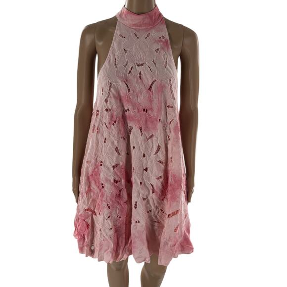 Free People Pink Ombre Tie Dye Eyelet Linen Trapeze Flowy Mini Dress - Picture 2 of 11